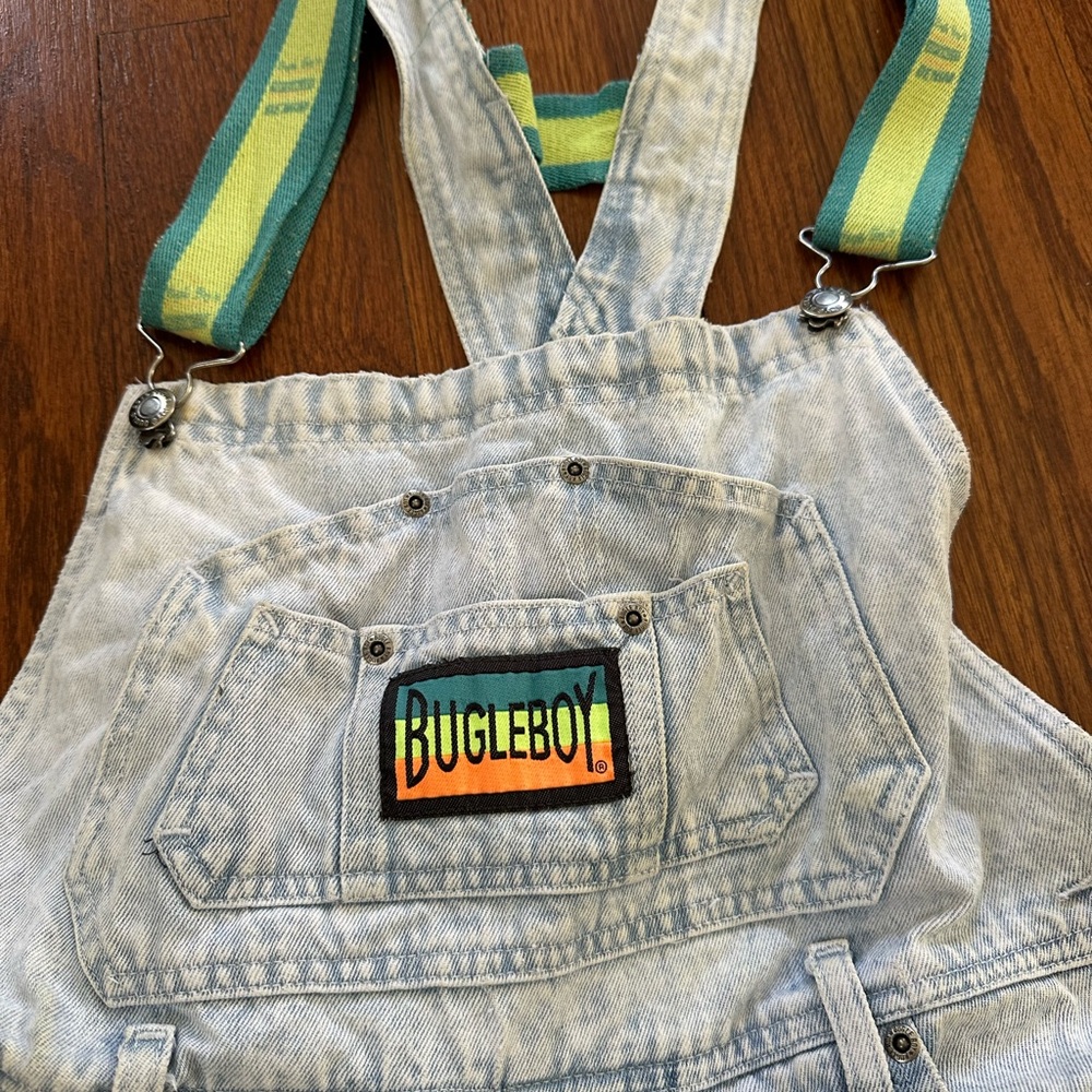 Vintage Bugle Boy Light Wash Denim Overalls with Striped Straps